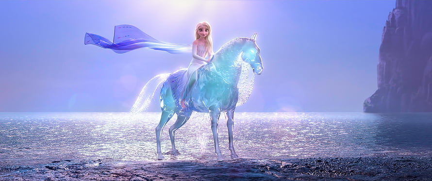 Elsa Riding a Glowing Ice Horse on a Misty Shore in Frozen 2 HD wallpaper