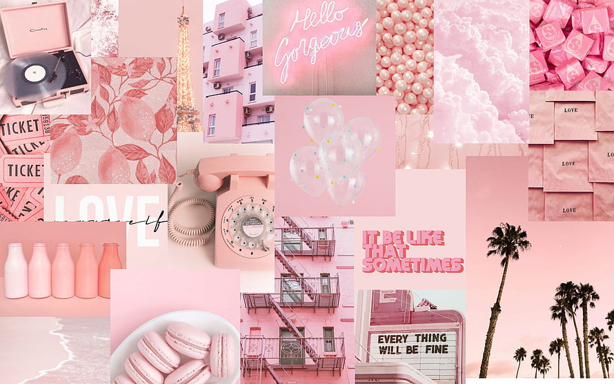 Pastel Pink Aesthetic Collage with Retro Objects and Inspirational Quotes HD wallpaper