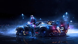 Marty McFly and the DeLorean Time Machine in a Neon-Lit Cyberpunk Night Scene HD wallpaper