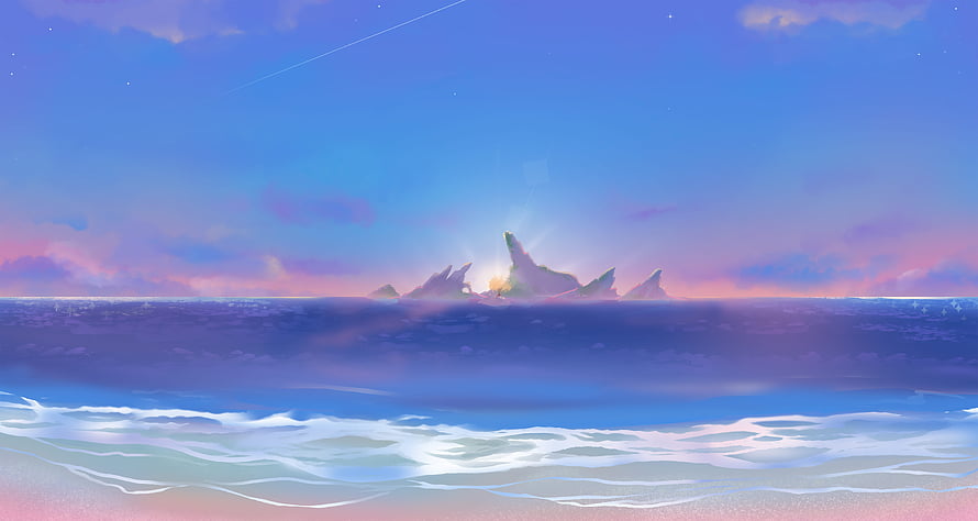 Guyun Stone Forest Landscape in Genshin Impact with Pastel Sunset Sky and Ocean Waves HD wallpaper