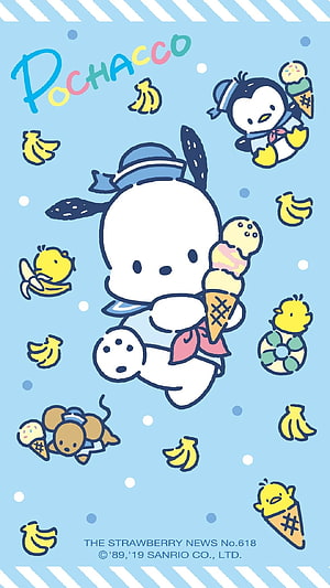 Pochacco Summer Ice Cream Wallpaper with Sanrio Friends and Bananas on Light Blue Background HD phone wallpaper