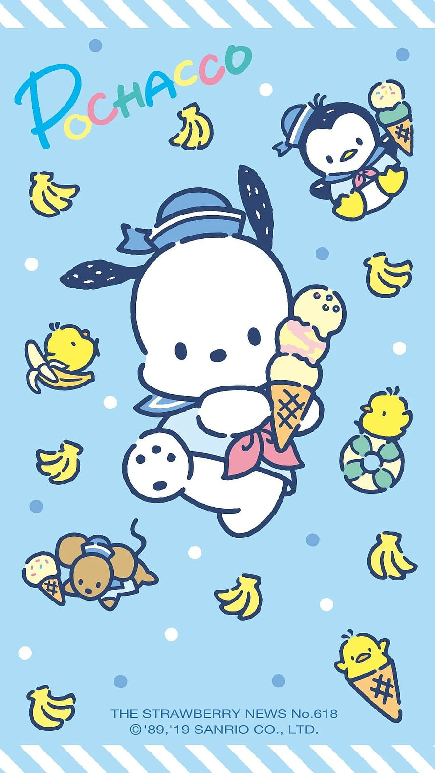 Pochacco Summer Ice Cream Wallpaper with Sanrio Friends and Bananas on Light Blue Background HD phone wallpaper