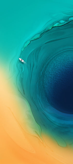 Aerial View of a Small Boat on Turquoise Water with Orange Sand HD phone wallpaper