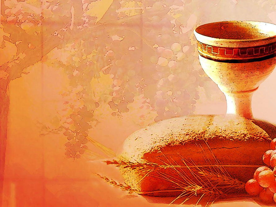 Sacred Eucharist Still Life with Bread, Grapes, and Chalice in Warm Golden Light HD wallpaper