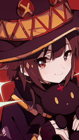 Megumin and Chomusuke from KonoSuba in a warm red-toned anime portrait HD phone wallpaper