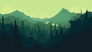 Atmospheric 2D Vector Illustration of a Misty Mountain Valley with Silhouetted Pine Forest HD wallpaper