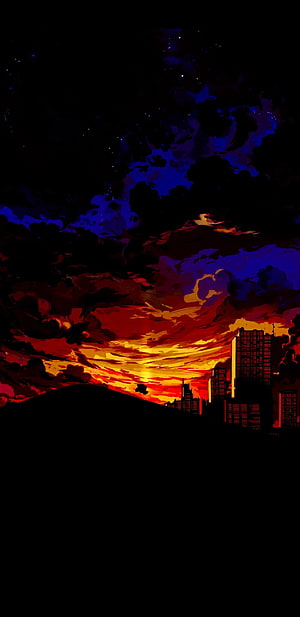 Dramatic Anime Sunset Over Silhouetted City Skyline with Dark Clouds HD phone wallpaper