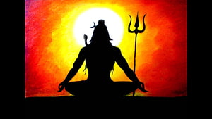Lord Shiva Silhouette in Meditation with Trishula Against Vibrant Sunset Sky HD wallpaper