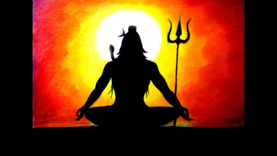 Lord Shiva Silhouette in Meditation with Trishula Against Vibrant Sunset Sky HD wallpaper