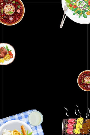 Illustrated Gourmet Food Menu Frame with Black Background and Plate Borders HD phone wallpaper