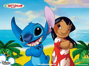 Lilo and Stitch on a Tropical Beach with Palm Trees and Ocean View HD wallpaper