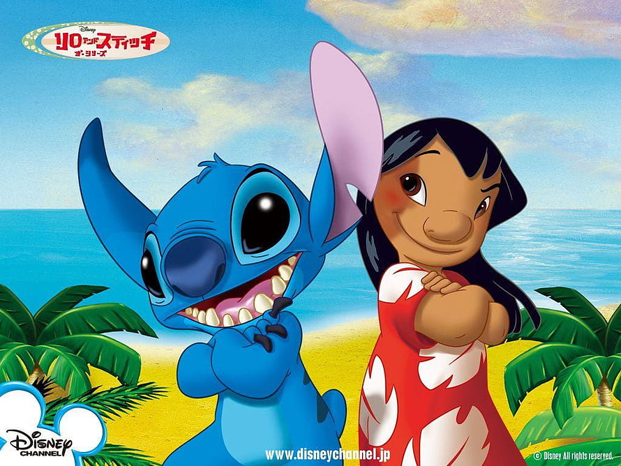 Lilo and Stitch on a Tropical Beach with Palm Trees and Ocean View HD wallpaper