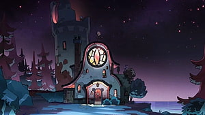 The Owl House Animated Exterior at Night with Starry Sky and Forest HD wallpaper