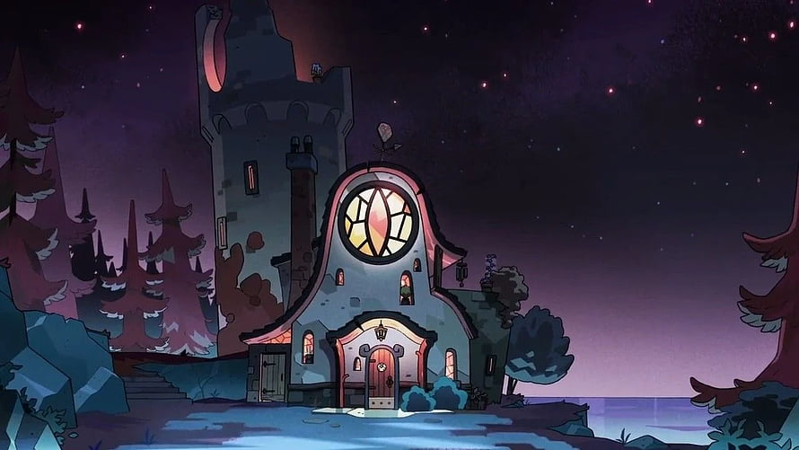 The Owl House Animated Exterior at Night with Starry Sky and Forest HD wallpaper