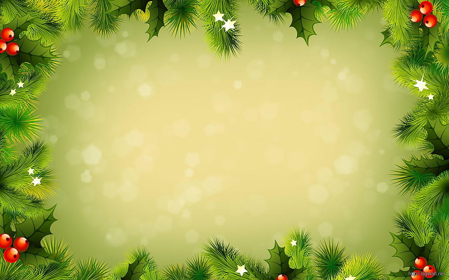 Festive Christmas Frame with Pine Branches, Holly Leaves, and Red Berries on a Soft Green Background HD wallpaper