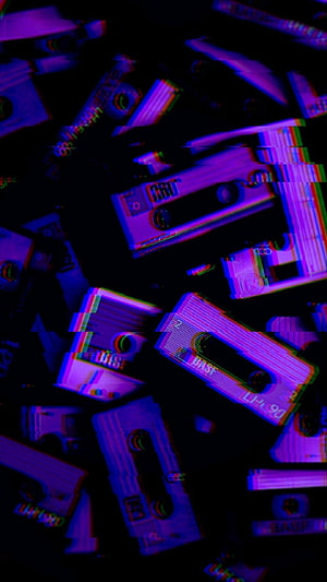 Retro Cassette Tapes with Neon Purple Glitch Art and VHS Distortion Effect HD phone wallpaper