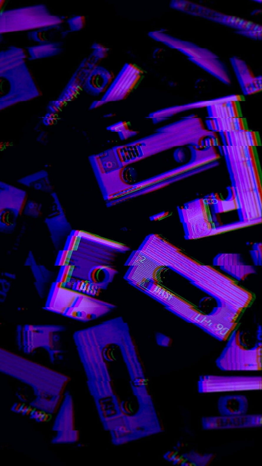 Retro Cassette Tapes with Neon Purple Glitch Art and VHS Distortion Effect HD phone wallpaper
