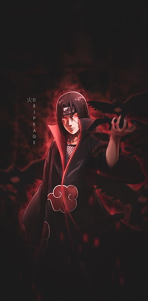 Itachi Uchiha in Akatsuki Cloak with Crows Against a Dark Red Background HD phone wallpaper