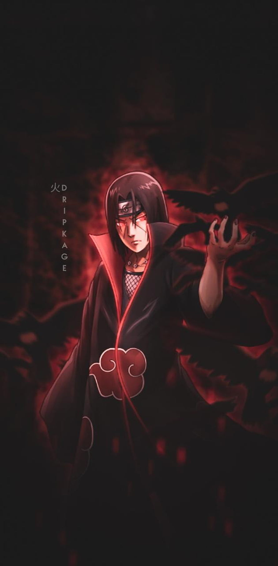Itachi Uchiha in Akatsuki Cloak with Crows Against a Dark Red Background HD phone wallpaper