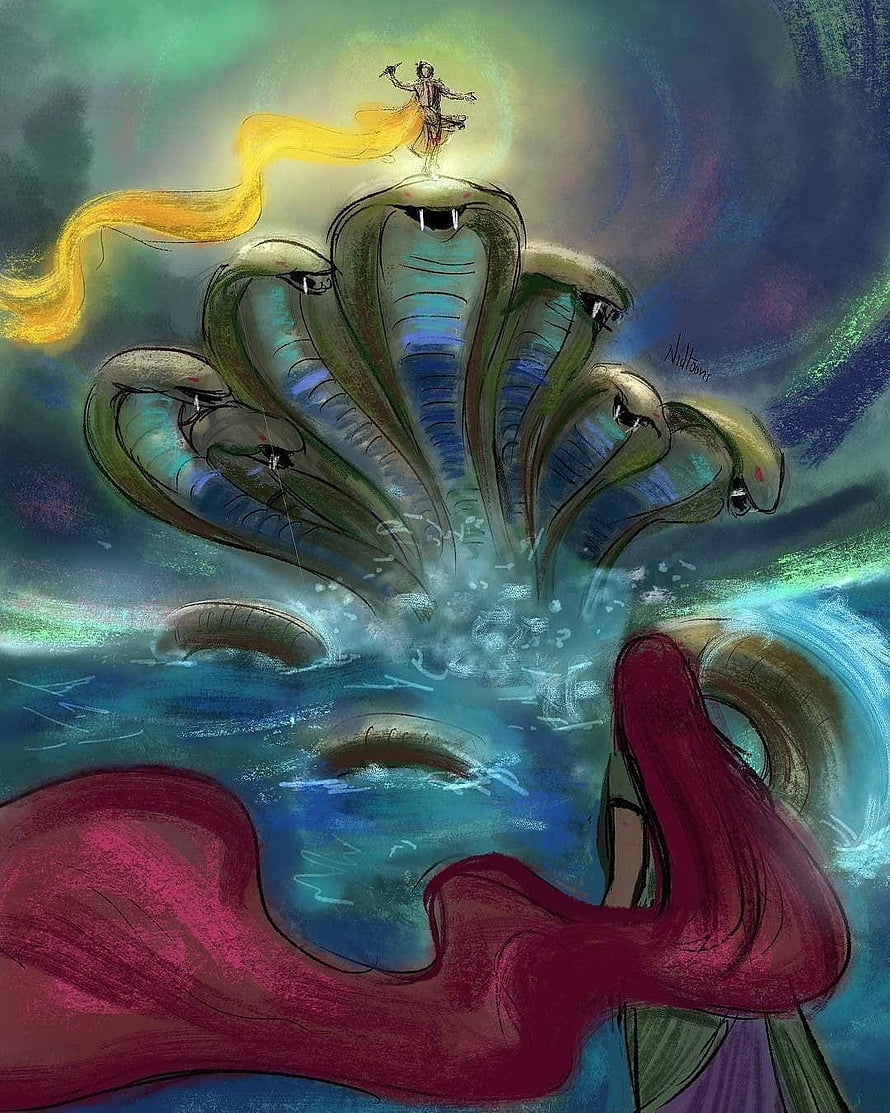 Krishna Standing on the Multi-Headed Serpent Kaliya in Mythological Art HD phone wallpaper