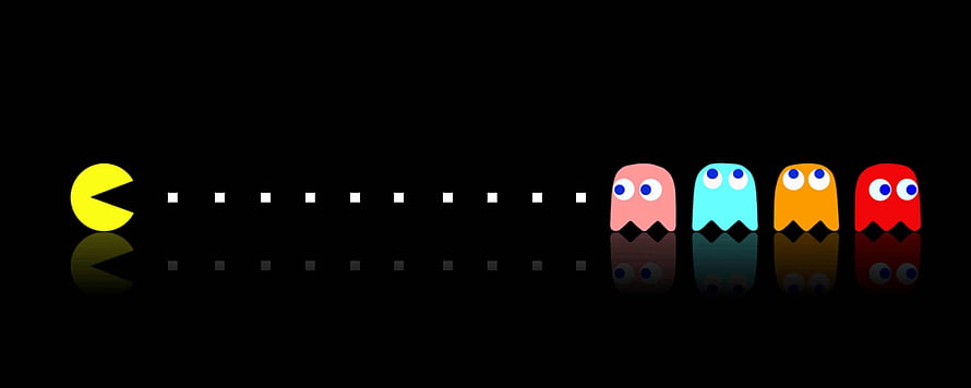 Pac-Man and Ghosts Chasing Dots on Black Background with Reflections HD wallpaper