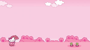 Cute Hello Kitty with Umbrella in a Pink Landscape with Cherry Blossoms and Small Green Characters HD wallpaper