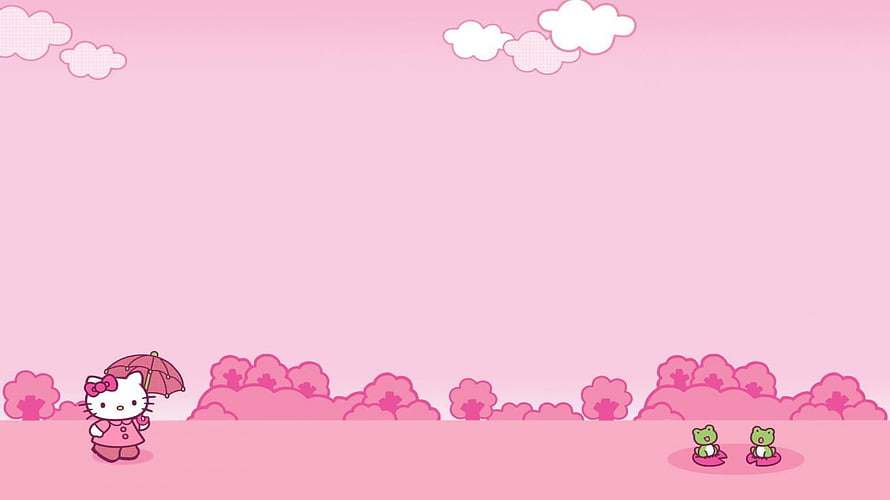 Cute Hello Kitty with Umbrella in a Pink Landscape with Cherry Blossoms and Small Green Characters HD wallpaper