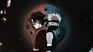 Kakashi and Obito Standing Back to Back Against a Split Moon in Dark Space HD wallpaper