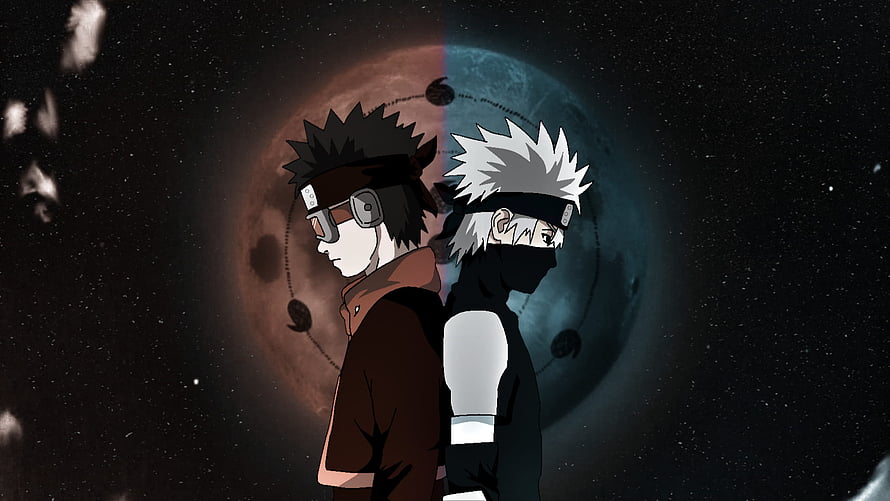 Kakashi and Obito Standing Back to Back Against a Split Moon in Dark Space HD wallpaper