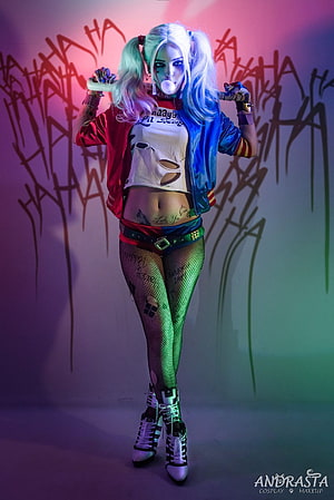Harley Quinn Cosplay in Neon Lighting with Graffiti Background HD phone wallpaper