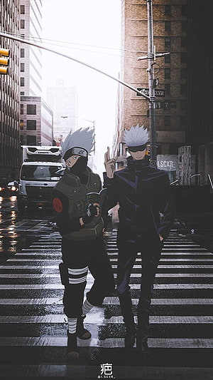 Gojo Satoru and Kakashi Hatake Standing on a Rainy City Crosswalk HD phone wallpaper