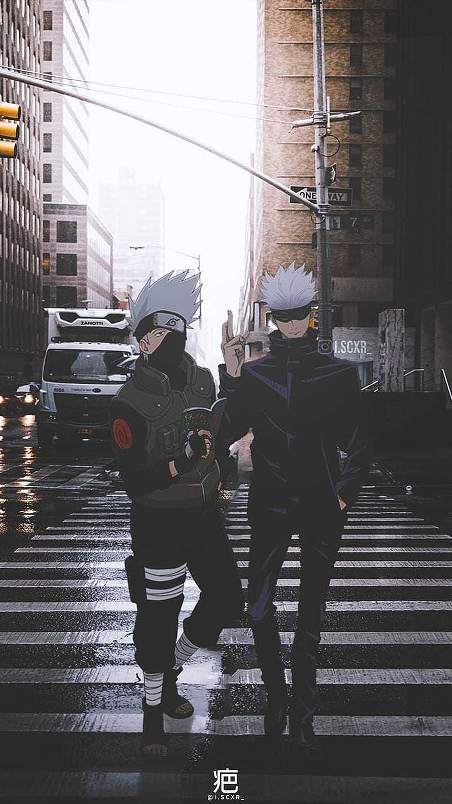 Gojo Satoru and Kakashi Hatake Standing on a Rainy City Crosswalk HD phone wallpaper