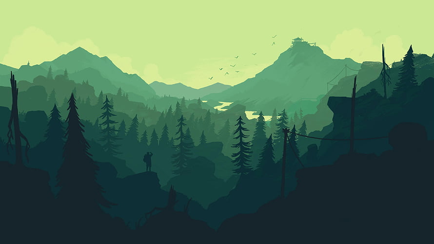Minimalist Green Forest Landscape With Distant Mountains And Lone Figure HD wallpaper