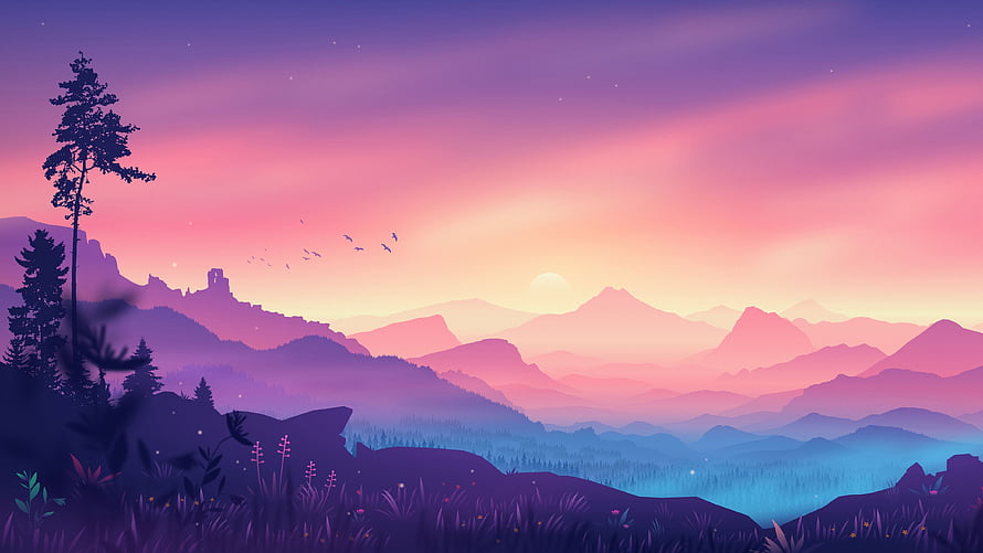 Vibrant Purple Mountain Valley at Sunset with Silhouetted Pine Trees and Birds HD wallpaper