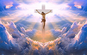 Jesus Christ on the Cross Above Clouds with Divine Sunlight Rays HD wallpaper
