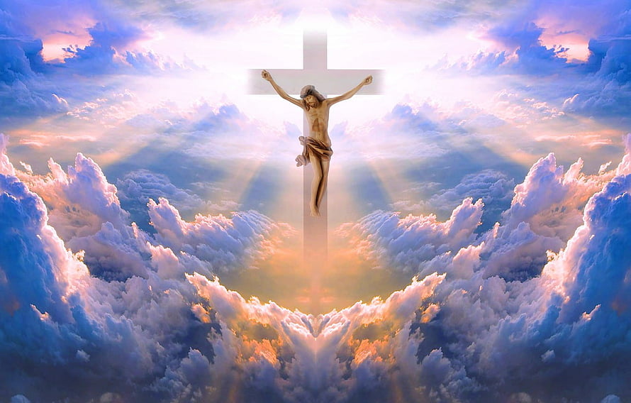 Jesus Christ on the Cross Above Clouds with Divine Sunlight Rays HD wallpaper