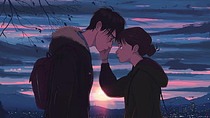 Romantic Anime Couple Sharing an Intimate Moment at Sunset Over a City Skyline HD wallpaper