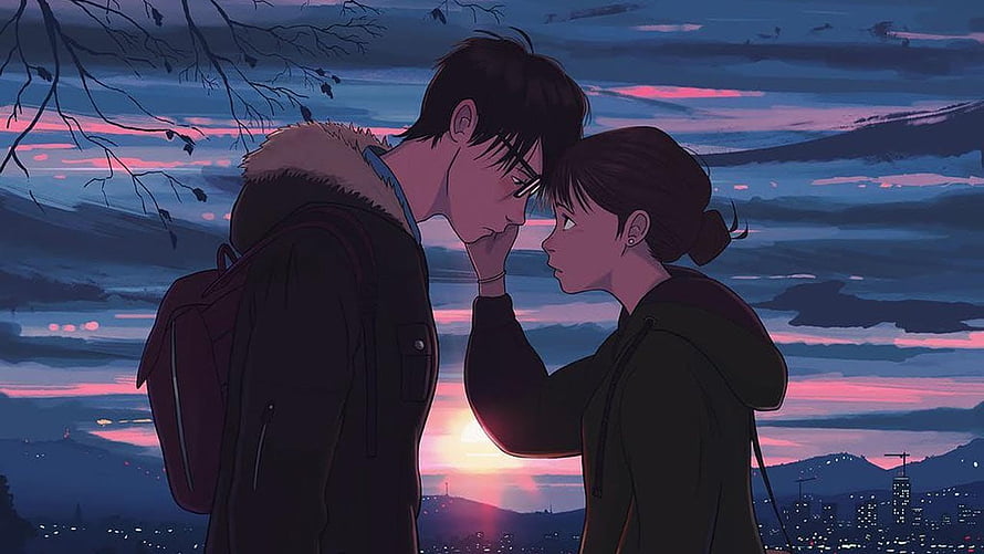 Romantic Anime Couple Sharing an Intimate Moment at Sunset Over a City Skyline HD wallpaper