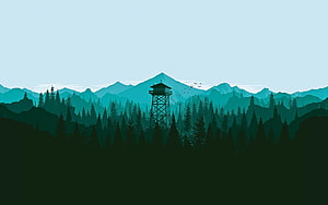 Firewatch Watchtower Silhouette in Misty Pine Forest with Distant Mountain Ranges HD wallpaper