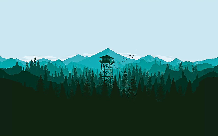 Firewatch Watchtower Silhouette in Misty Pine Forest with Distant Mountain Ranges HD wallpaper