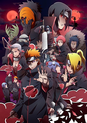 Naruto Akatsuki Members Group Portrait in Black Robes with Red Clouds HD phone wallpaper
