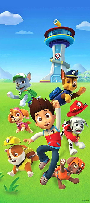 PAW Patrol Team and Ryder Jumping in Front of Lookout Tower on Green Grass HD phone wallpaper