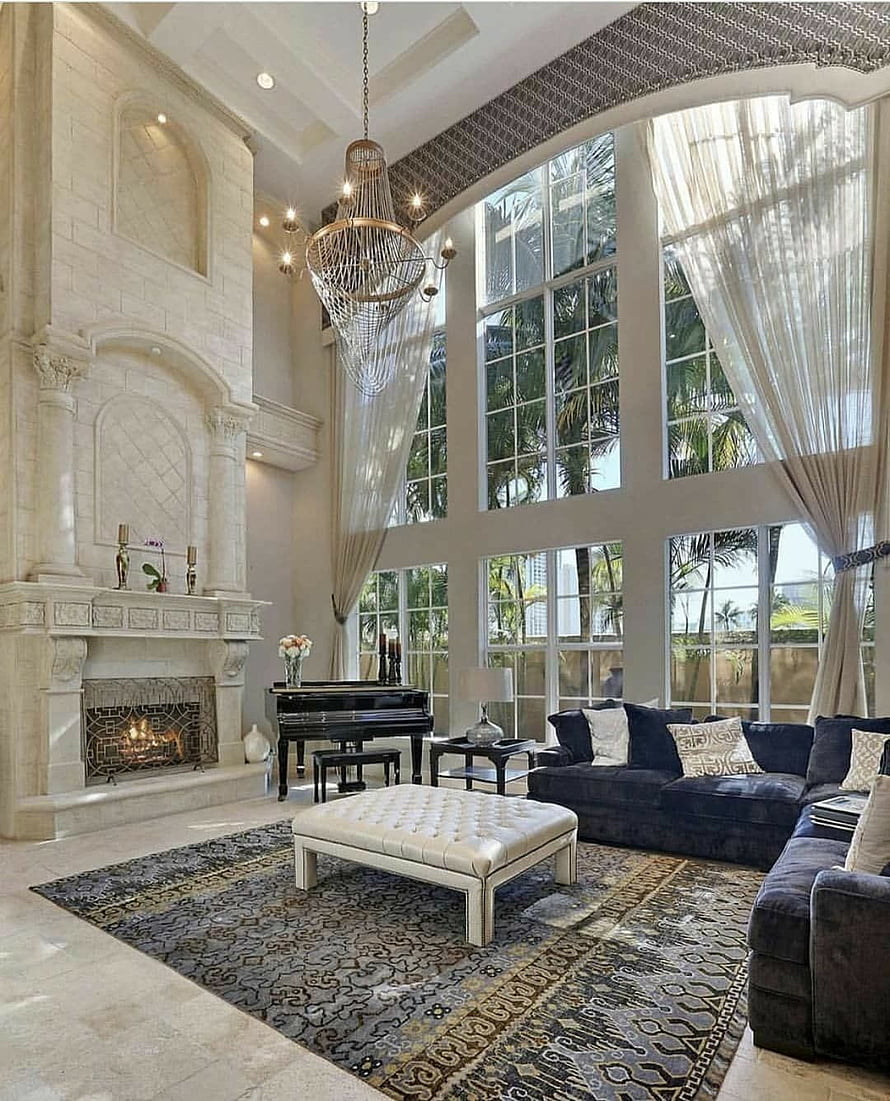 Grand Luxury Living Room With Marble Fireplace, Grand Piano, And Floor-To-Ceiling Windows HD phone wallpaper