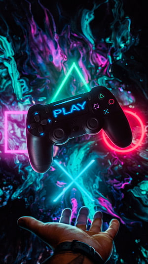 PlayStation DualShock Controller Floating Above Open Hand With Neon Geometric Shapes HD phone wallpaper