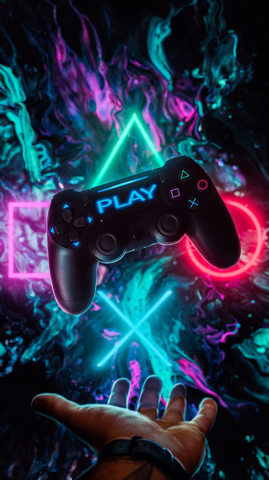 PlayStation DualShock Controller Floating Above Open Hand With Neon Geometric Shapes HD phone wallpaper