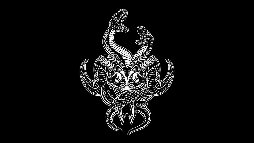 DeadSquad Demon Skull and Serpent Emblem in Black and White Line Art HD wallpaper
