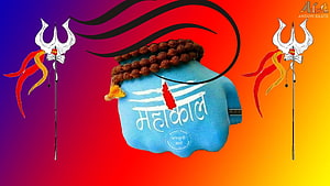 Mahakal Blue Idol With Rudraksha Mala And Trishul On Vibrant Gradient Background HD wallpaper
