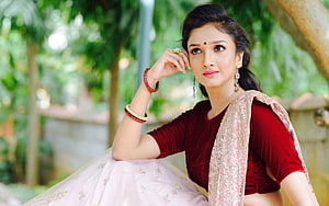 Elegant Indian Woman in Maroon Blouse and Pink Lehenga with Traditional Jewelry, Indian Girls, hindi girl HD wallpaper