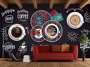 Modern Cafe Interior Wall Mural Featuring Coffee Art and Typography HD wallpaper