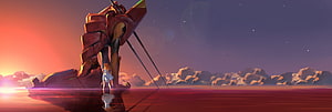 Eva Unit 01 and Asuka Langley at Sunset on a Reflective Sea HD wallpaper